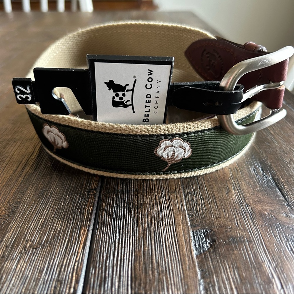 Belted Cow Company Green Cotton Leather Belt Size 32 NWT